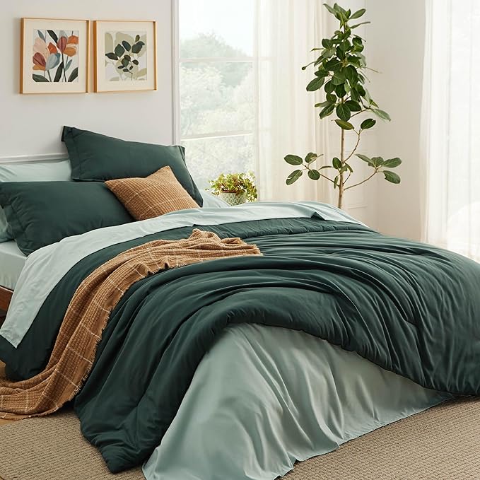 Bedsure Full Size Comforter Set - 7 Pieces Forest Green Full Bedding Set for All Seasons, Boho Contrasting Design Bed in a Bag with Comforter, Sheets, Pillowcases & Shams