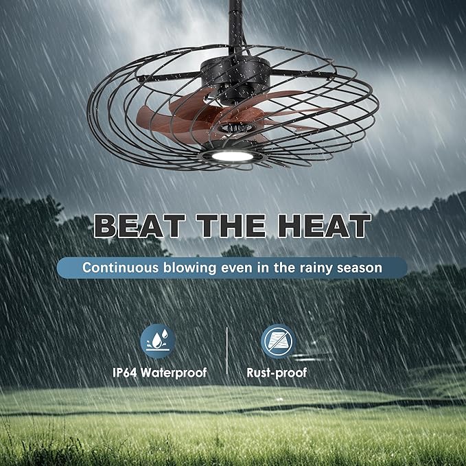 20" Outdoor Ceiling Fan with Light, Waterproof Gazebo Fan Remote Control, Dimmable LED Light, Hanging Black Caged Ceiling Fixtures with Plug in Cord for Patios Pergola