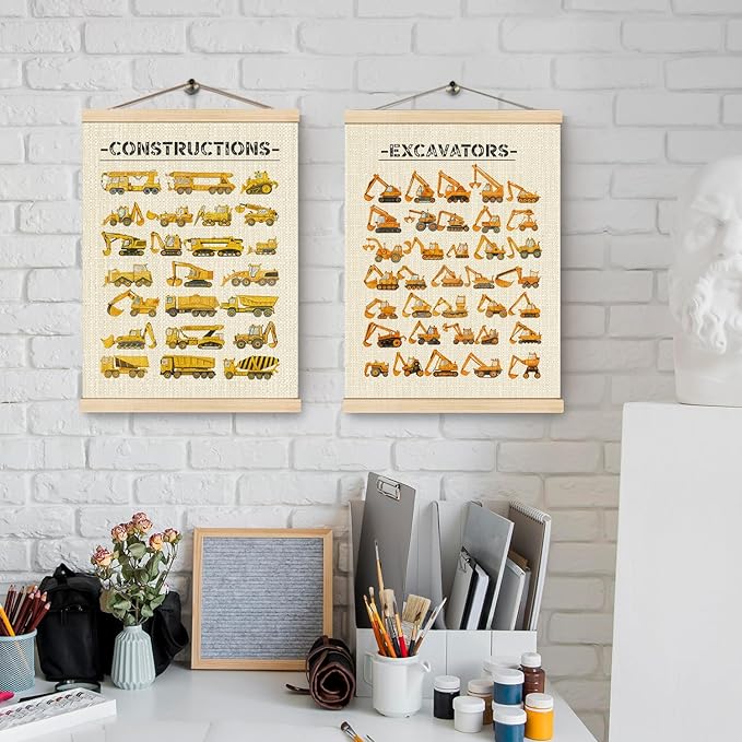 HKTZM Constructions Excavators Wall Decor, Constructions Nursery Wall Art With Wooden Poster Hanger, Transport Posters Walls Decoration for Kids Boys Room Nursery Playroom, 12x16 Inch Set of 2