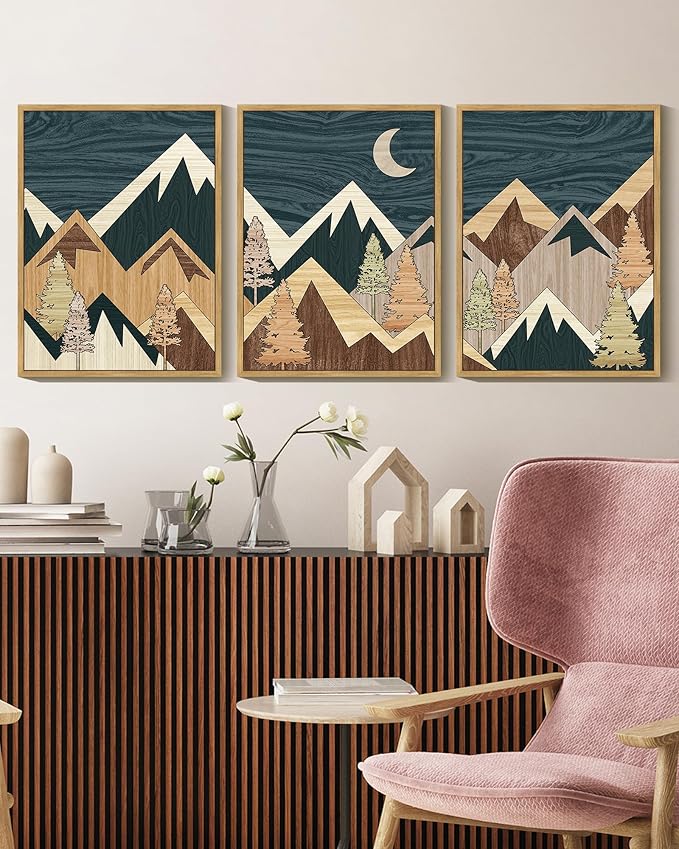 KUVIOKE Woodcut Pine Tree Forest Mountains Framed Wall Art Nature Landscape Prints Morden Farmhouse Bedroom Hallway Ready to Hang 11x14in (Natural Framed)