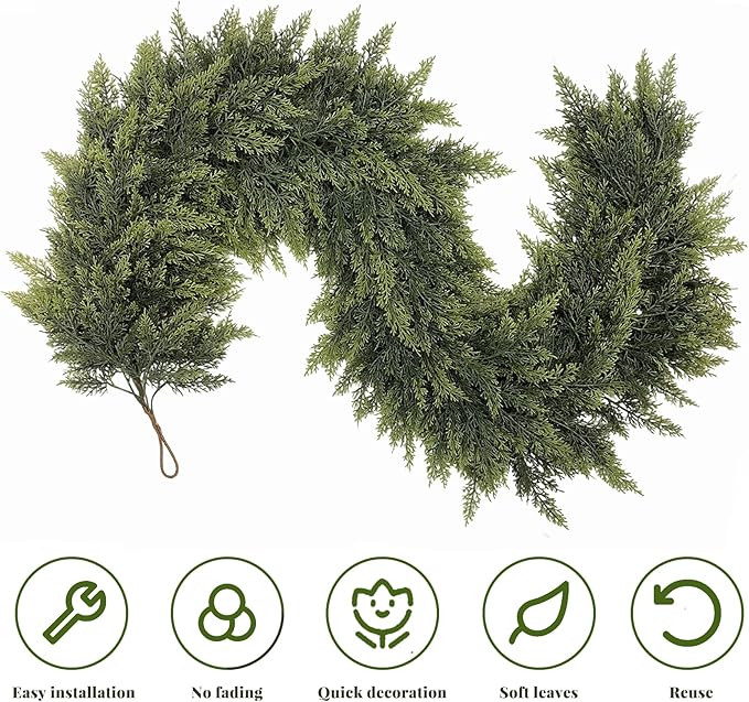 LVZHIYUAN 2 Pcs 6FT Christmas Garland, Christmas Decorations, Real Touch Cedar Garland, Artificial Cypress Garlands for Mantle Fireplace Table Door Wall Upstairs Indoor Outdoor Holiday Xmas Decor