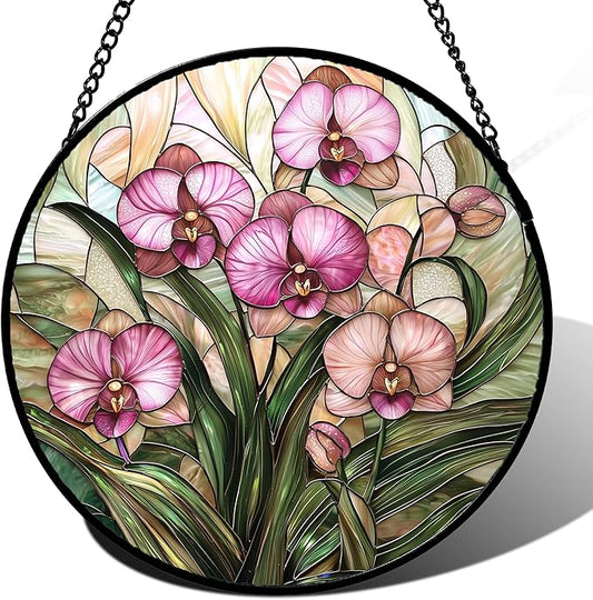 Stained Glass Window Hanging - Pink Phalaenopsis Orchid Green Leaves Sun Catcher for Door Home Decor Flower Suncatcher Christmas Mother's Day Birthday Gifts for Women Men Mom Nana 7.8 in