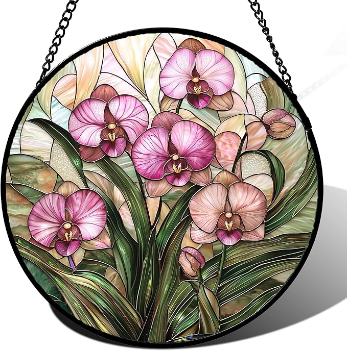 Stained Glass Window Hanging - Pink Phalaenopsis Orchid Green Leaves Sun Catcher for Door Home Decor Flower Suncatcher Christmas Mother's Day Birthday Gifts for Women Men Mom Nana 9.8 in