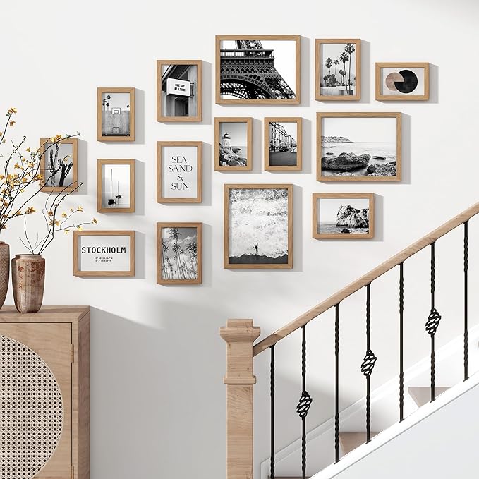 15 Pack Picture Frames Collage Wall Decor, Gallery Frame Set for Wall Mounting or Tabletop Display, Multi Sizes Including 3pcs 8x10, 6pcs 5x7, 6pcs 4x6, Oak