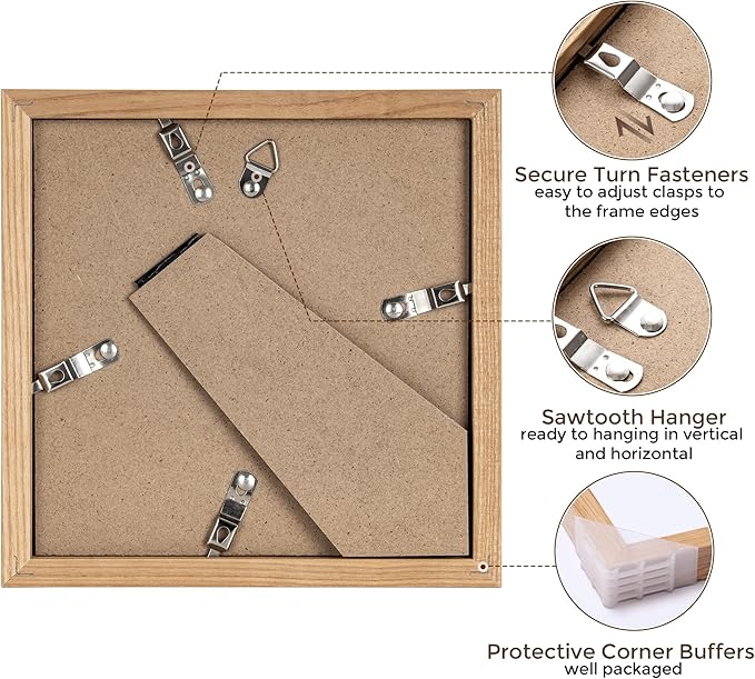 6x6 Picture Frames, Solid White Oak Wood Frame 6 x 6 with Stand for Wall & Tabletop Display, Rustic Wooden Photo Frame 6 by 6 with Real Glass, 6x6 Frame Matted to 4x4, Natural Color, Set of 4