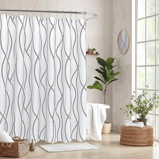 Biscaynebay Textured Fabric Shower Curtain 72 Inches by 72 Inches, Silver Grey Striped Printed Linen Modern Hotel Luxury Quality Cloth Bathroom Curtains Machine Washable