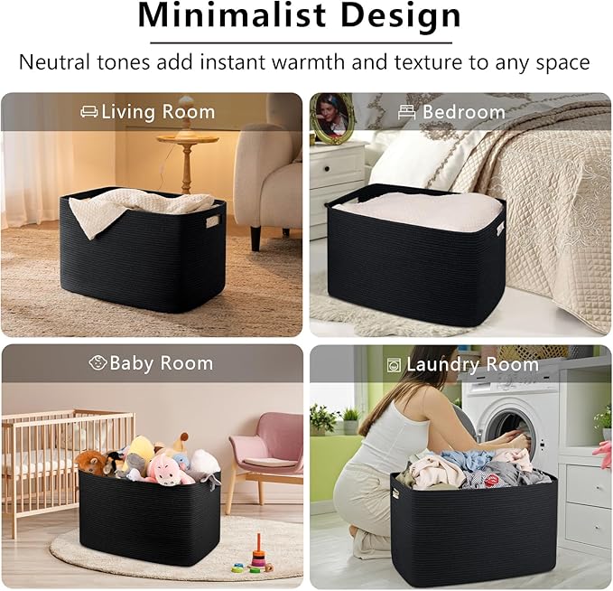 OIAHOMY 118L XXXLarge Cotton Rope Storage Basket, Oversized Blanket Basket, Used for Organizing Dirty Clothes in Living Room, Bedroom, Nursery, Dog Toy Storage Bins, 25" x 17" x 16",Black