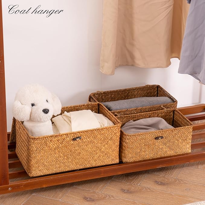 Nonam Handwoven Natural Seagrass Bin with Lid, Set of 3, Shelf Baskets Multipurpose Container for Boho Decoration, Rectangular Household Storage Boxes for Home Organization
