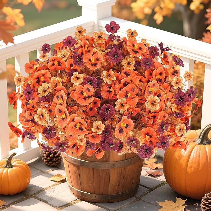 Uieke 16PCS Fall Flowers Artificial for Decoration, 14.9" Fall Faux Stems with Artificial Mums for Outdoors UV Resistant for Home Party Wedding Mantel Decor