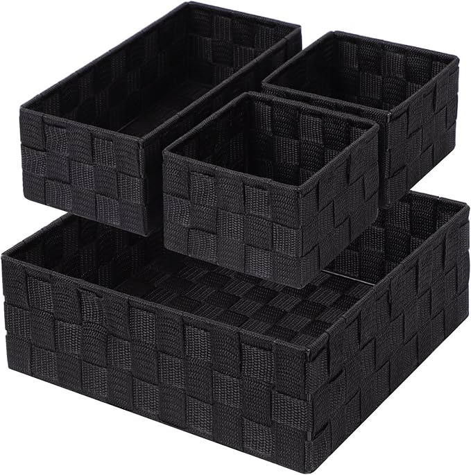 Posprica Woven Storage Baskets for Organizing, Small Black Baskets Cube Bin Container Tote Organizer Divider for Drawer, Closet, Shelf, Dresser, Set of 4
