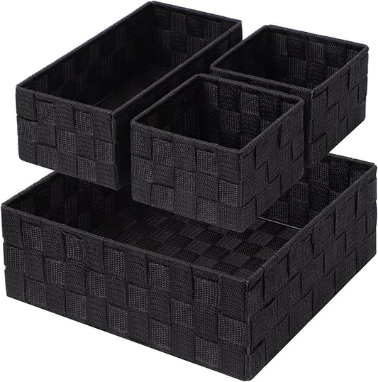 Posprica Woven Storage Baskets for Organizing, Small Black Baskets Cube Bin Container Tote Organizer Divider for Drawer, Closet, Shelf, Dresser, Set of 4