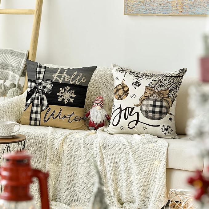 AVOIN colorlife Merry Christmas Joy Xmas Trees Brown Throw Pillow Covers, 18 x 18 Inch Christmas Winter Holiday Cushion Case Decoration for Sofa Couch Set of 4