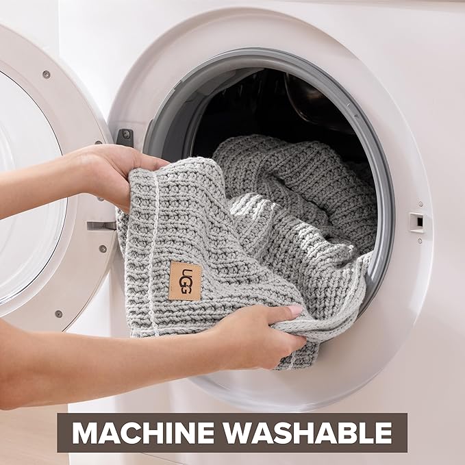 UGG Luna Knit Throw Cotton Chunky Soft Throw Blanket for Couch or Bed Cozy Washable Giftable Lightweight Blanket for Living Room or College Dorm, 50-inch x 70-inch, Stone Grey