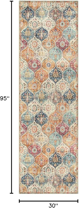 Lahome Moroccan Hallway Runner Rug, 2'5''x8' Ultra-Thin Washable Runners for Hallways Kitchen, Oriental Laundry Room Rug Non-Slip Vintage Long Carpet for Entryway Bedroom Bathroom, Cream/Multi