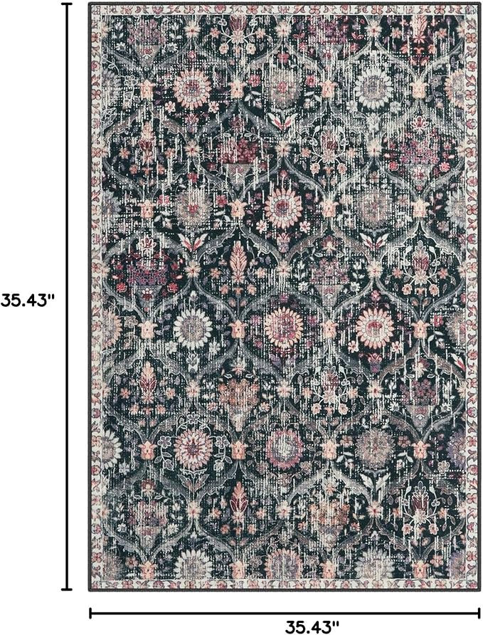 Lahome Moroccan Machine Washable Rugs for Living Room, 4x6 Rug for Bedroom Non-Slip Vintage Trellis Ultra-Thin Throw Carpet for Dining Room Office Nursery, Black/Multi