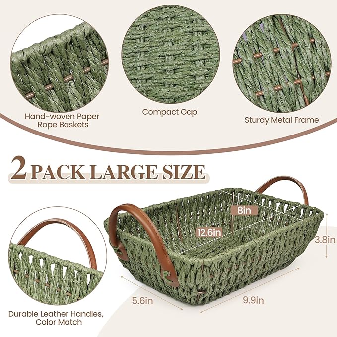 Paper Rope Woven Toilet Paper Basket, Small Wicker Storage Baskets for Organizing with Handles, Bedroom Decor Baskets Toilet Tank Shelf Storage Bins (Set of 2, Green)