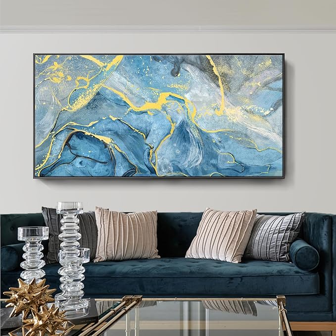 Large Black Framed Wall Art for Living Room Blue Abstract Seascape Canvas Print Modern Ocean Beach Theme Coastal Landscape Fluid Texture Painting Seaside Artwork Office Decor 30x60inch