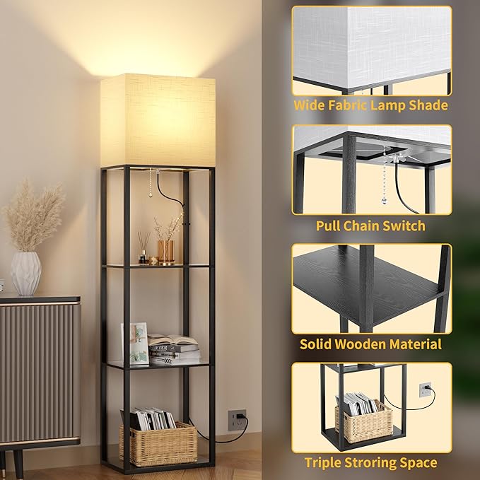 Dott Arts Floor Lamp with Shelves, Wide Floor Lamps for Living Room Display Shelf Lamps with 3 Color LED Bulb,Storage Wood Modern Floor Lamp for Bedroom Standing Lamp for Living Room Office（Black）