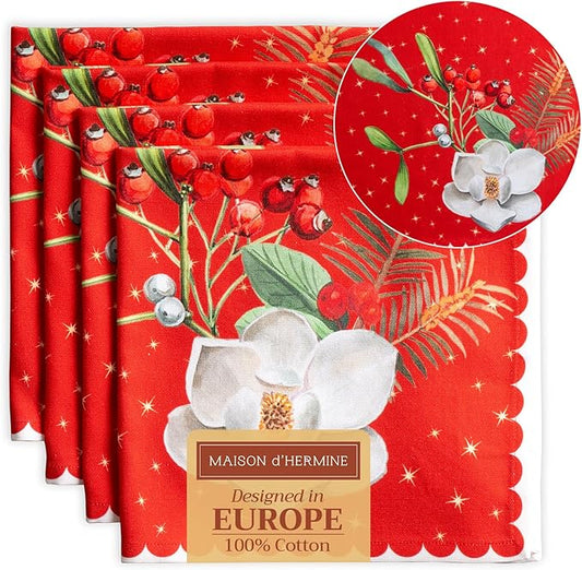 Maison d' Hermine Cloth Napkins Set of 4 100% Cotton Everyday Reusable Square Napkins Cloth Washable, Dinner, Party, Wedding, Restaurant (Noel, 20" x 20")