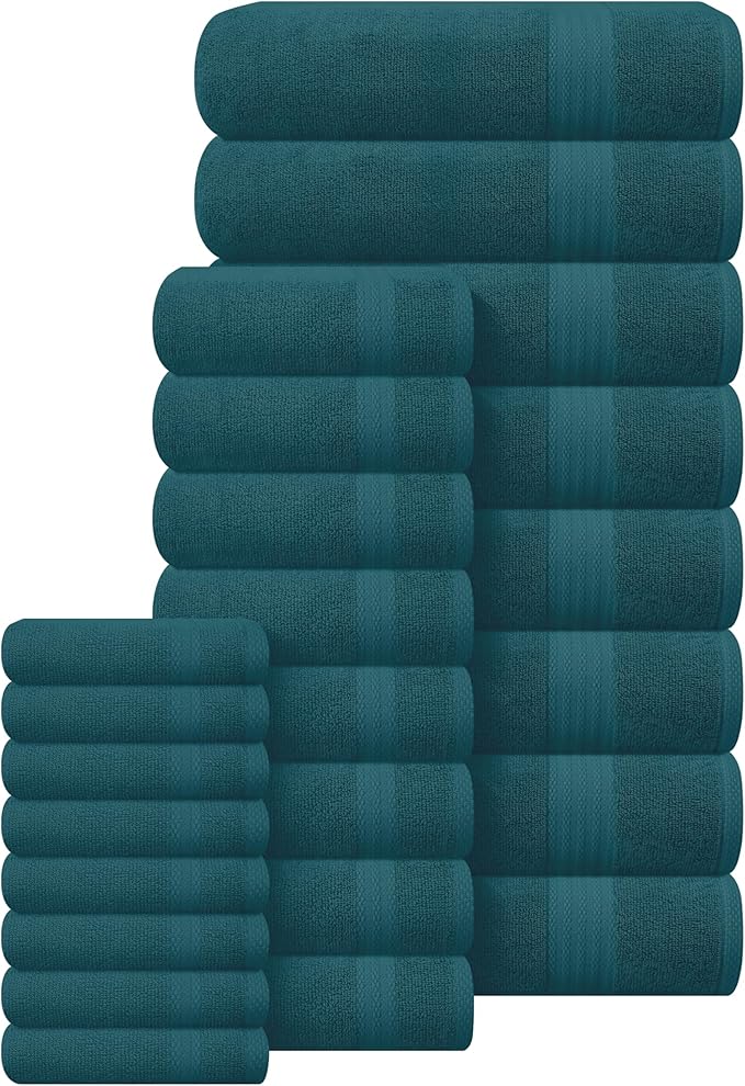 GLAMBURG Ultra Soft 24-Piece Towel Set - 100% Pure Ringspun Cotton, Contains 8 Oversized Bath Towels 27x54, 8 Hand Towels 16x28, 8 Wash Cloths 13x13 - Ideal for Everyday use, Hotel & Spa - Teal