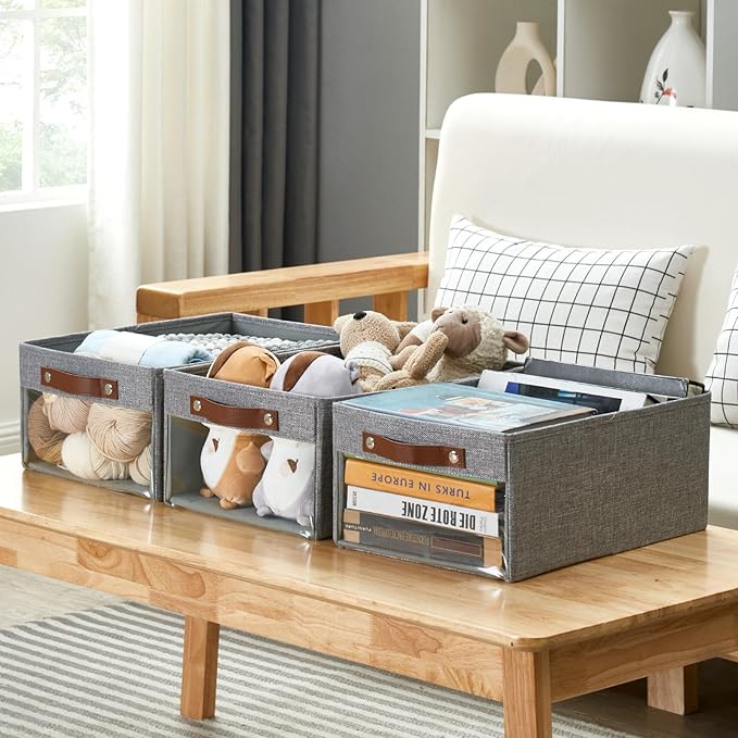 Medium Storage Baskets with Clear Window, See Through Closet Organizer with PU Handles, Linen Foldable Storage Bins for Organizing Clothes, Toys, Books (Gray)