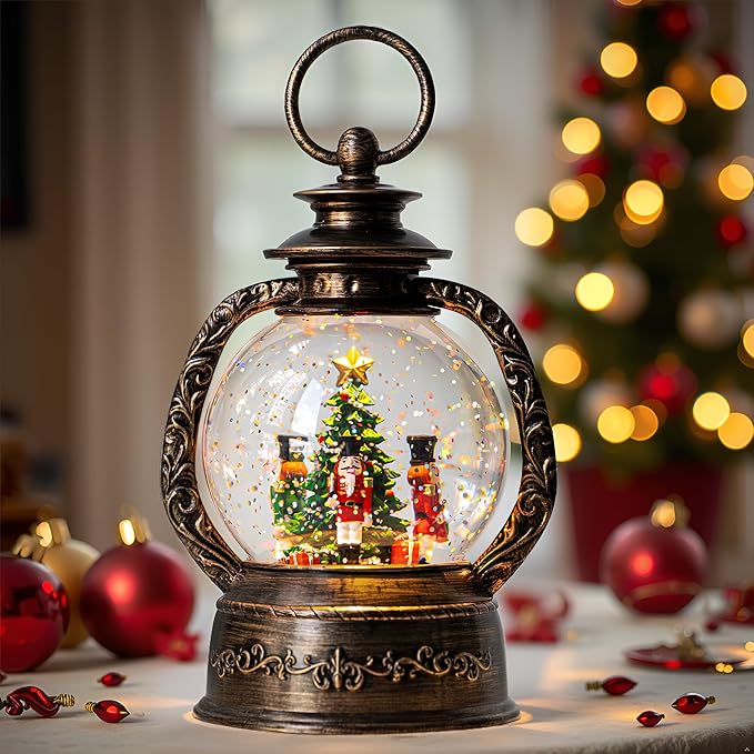 Nutcracker Snow Globe, Musical Christmas Water Lantern with Swirling Glittering Home Decoration and Gift, Battery Operated or USB Powered