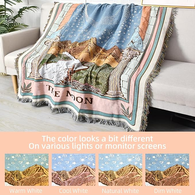 Boho Throw Blanket Reversible Cotton Bohemian Tapestry Hippie Room Decor Double Sided (Boho The Moon 50"x60")
