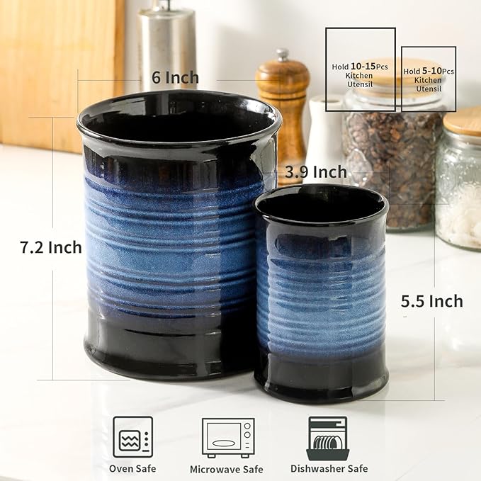 Nihow Utensil Holder: 7.2"+6.4" Ceramic Kitchen Utensil Holder for Countertop, Large Cooking Utensil Crocks for Kitchen Counter, Morden Utensil Organizer for Spatula, Set of 2, Elegant Blue & Black