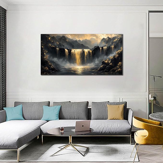 Mountain Pictures Wall Art for Living Room - Black and Gold Wall Decor Office - Modern Art Wall Decor for Bedroom Size 24" x 48"