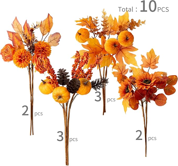 MISSPIN 10 PCS 18 inch Fall Decor Bouquets, Fall Decorations Indoor Outdoor Halloween Thanksgiving Farmhouse Arrangement Decorations for Front Door Wedding Centerpieces in Autumn (Orange)