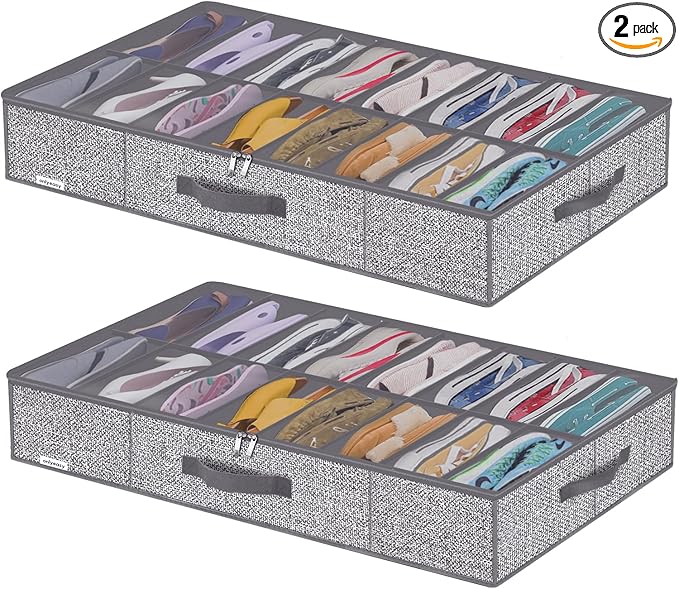 Onlyeasy Sturdy Under Bed Shoe Storage Organizers with Handles & Clear Window (16 to 32 Pairs) 2 Pack, Closet Shoes Containers Boxes for Kids & Adults, 37.7"x23.6"x5.9", Linen-like Grey, MXDUBS16P2