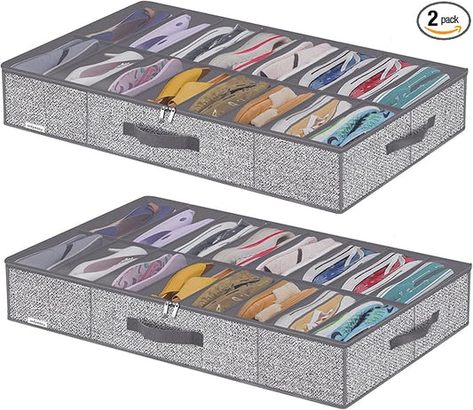 Onlyeasy Sturdy Under Bed Shoe Storage Organizers with Handles & Clear Window (16 to 32 Pairs) 2 Pack, Closet Shoes Containers Boxes for Kids & Adults, 37.7"x23.6"x5.9", Linen-like Grey, MXDUBS16P2