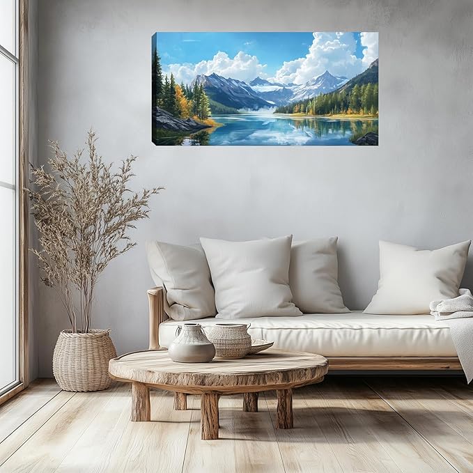 Large Mountain Canvas Wall Art for Living Room Blue Nature Landscape Picture Wall Decor for Bedroom Home Office Decoration Painting Poster Framed Artwork 48L x 24W