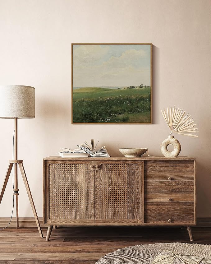 InSimSea Square Framed Canvas Wall Art, Large Decor Vintage Grassland Paintings, Field Scenery Wall Pictures for Bedroom Bathroom, Canvas Prints Artwork, Vintage Farmhouse Decor 20"x20"