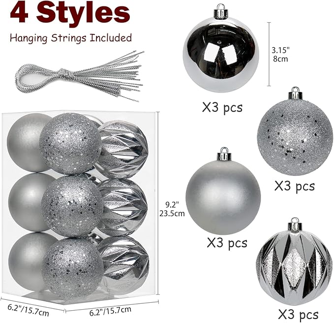 12PCS 3.15" Christmas Ball Ornaments Shatterproof Silver Christmas Tree Decorations Xmas Tree Balls Halloween Ornaments Décor