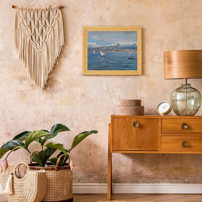 Brivoria Framed Canvas Wall Art Vintage Decor, Impressionist Coastal Scene with Sailboats and Ocean Texture Under Moody Sky for Hallway Entryway or Nautical Accent Wall Decoration, 13"x16"