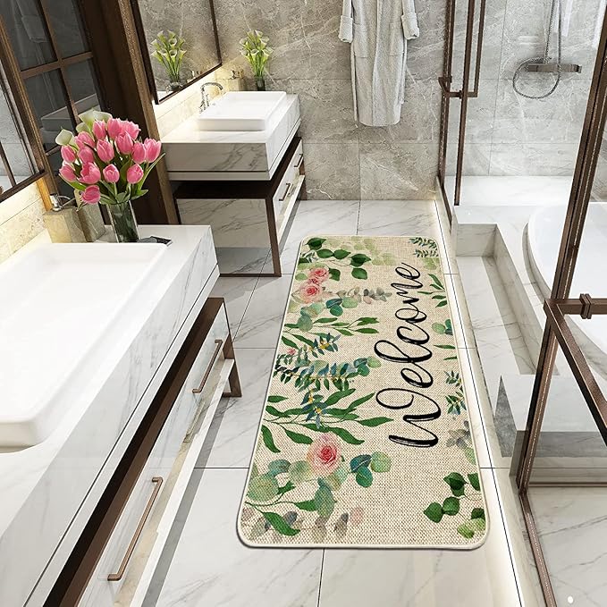 ORTIGIA Welcome Outdoor Doormat Indoor Patio Spring Eucalyptus Leaves Door Mats Non-Slip Durable Entrance Mat for Home Entrance, Outside Entry, Yard, Floor, Patio 17x36INCH