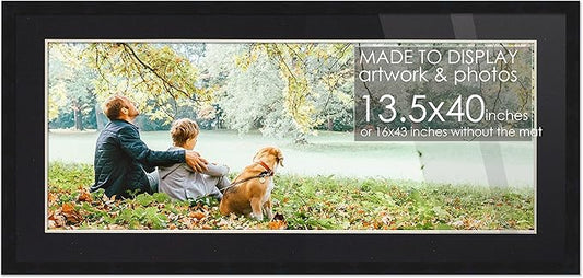 Black Wood Frame with Black Mat | Matted to 13.5x40 - UV Acrylic Shatter Guard, Foam Board Backing, Wall Hanging Hardware