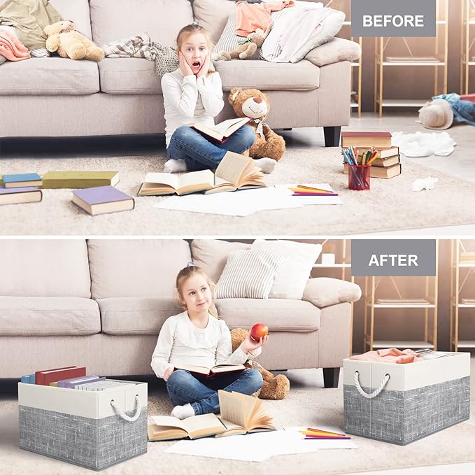 Fab totes Storage Bins [8-Pack], Foldable Storage Baskets for Organizing Toys, Books, Shelves, Closet, Large Storage Box with Rope Handles, Sturdy Organizer Bins, White & Grey