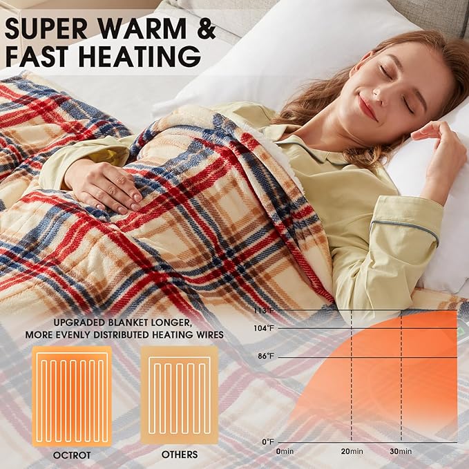Heated Blanket Electric, Twin Size 62X84, Heating Blanket with 10 Heating Levels & 8 Hours Auto Off, Checkered Plaid Sherpa Blankets Warmer for Adults, Fast Heating and Washable, ETL & FCC, in Brown