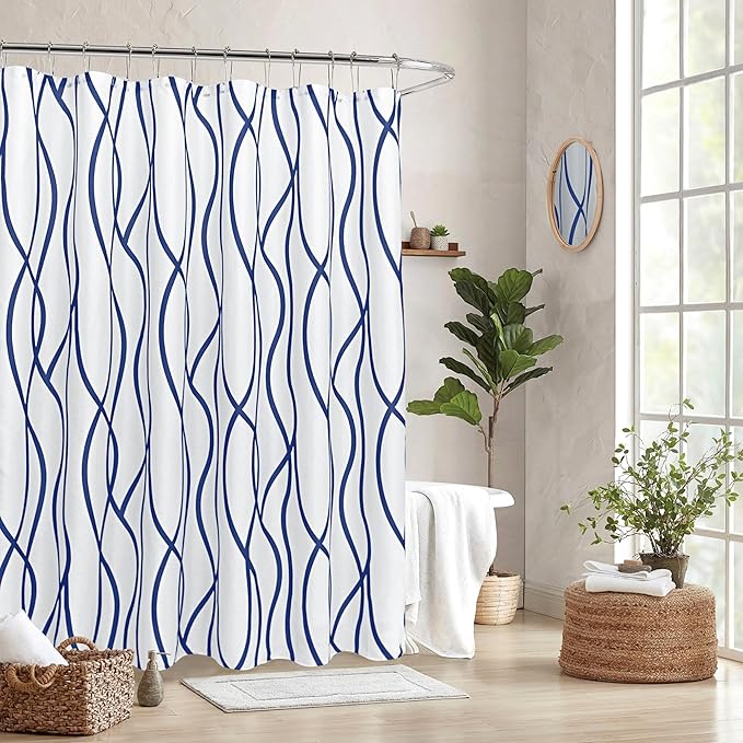 Biscaynebay Textured Fabric Shower Curtain 72x72 Inch, Navy Printed Striped Linen Modern Hotel Luxury Quality Cloth Bathroom Curtains Machine Washable