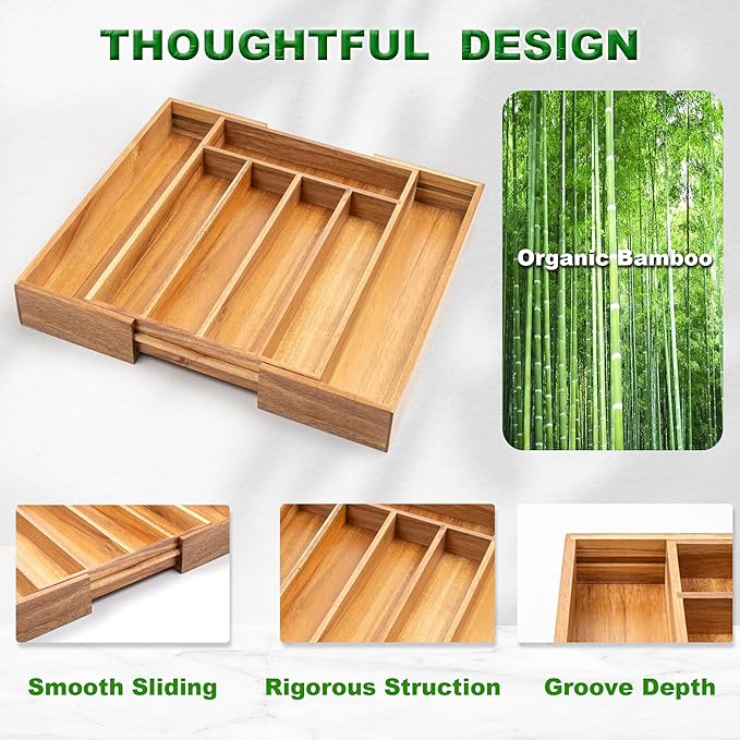 Expandable Utensil Organizer Silverware Organizer for Kitchen Adjustable Utensils Holder Acacia Large Flatware Silverware Cutlery in Drawer (7 Slot, Acacia)