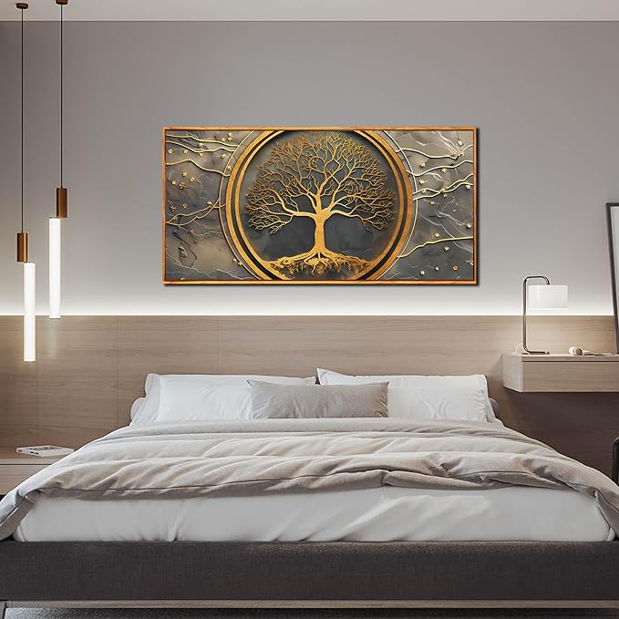Tree Pictures Wall Art for Living Room - Gold Modern Wall Decor Office - Wooden Framed Wall Art Size 29" x 59"