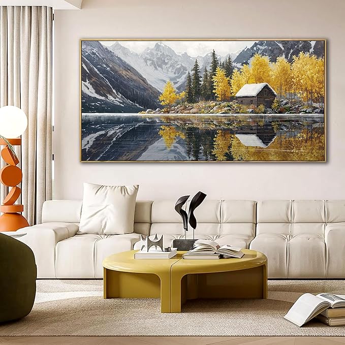 KLAKLA Living Room Wall Art - Tranquil Lake Cabin Orange Tree Forest Snowy Mountain Canvas Wall Decor Oversize Landscape Picture Framed Artwork for Bedroom Office Walls Home Decoration 58x29 Inches
