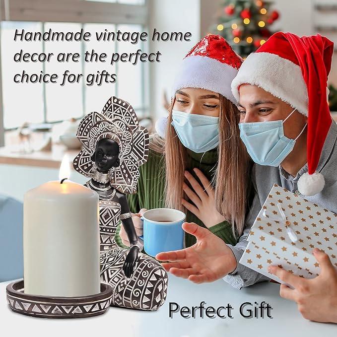 African Lady Figurine Candle Holder with African Tribal Totem for Wedding,Church,Holiday Decor-African Decorative Women Statues, Candlestick Holder for Home and Table Decor(754-Brown)