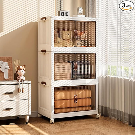 Jalove 50QT Plastic Storage Bins with lids, Stackable Collapsible Storage Containers with Wheels, Closet Organizer and Storage Drawers, Clothes Storage Cabinet for Home Office Garage, 3Pack White