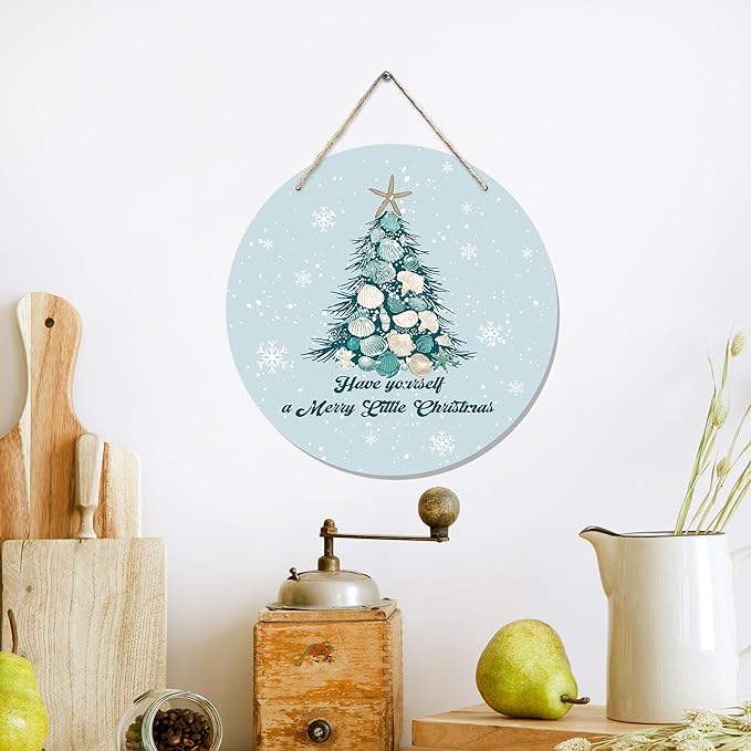 CGBHW Coastal Christmas Tree Wooden Sign, Ocean Coastal Holiday Christmas Xmas Beach Hanging Sign Wall Decor, Have yourself a Merry Little Christmas Tree Shell Beach Home Door Decor 12 x 6 Inch