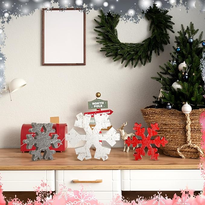 Bucherry 3 Pcs Winter Wooden Snowflake Decor Rustic Winter Snowflake Table Signs Wonderland Wood Blocks Farmhouse Christmas Tiered Tray Decorations for Xmas Table Shelf(Gray, Red, White)