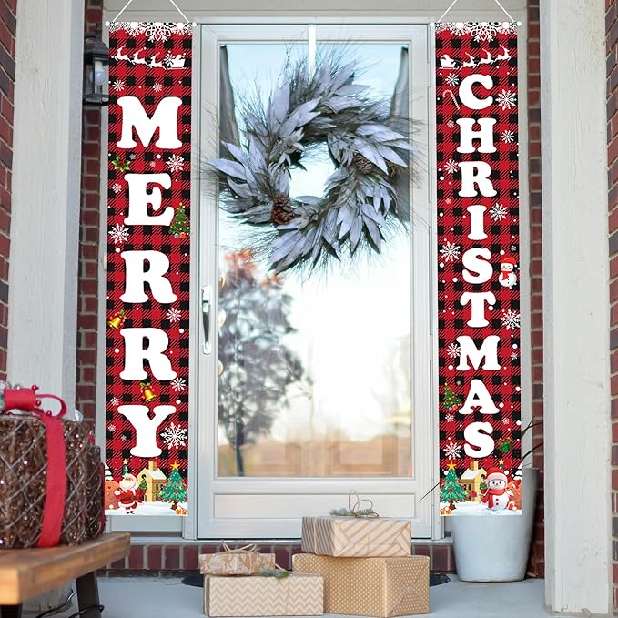 Christmas Decorations Red Black Buffalo Plaid Banner Xmas Porch Door Sign Welcome Banner for Wall Home Party Decor Merry Christmas Decorations Indoor Outdoor