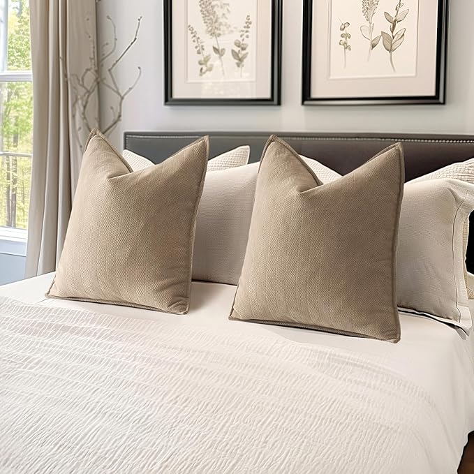 MIULEE Pack of 2 Khaki Decorative Pillow Covers 20x20 Inch Soft Chenille Luxurious Couch Throw Pillows Farmhouse Cushion Covers with Elegant Design for Sofa Bedroom Living Room Home Decor